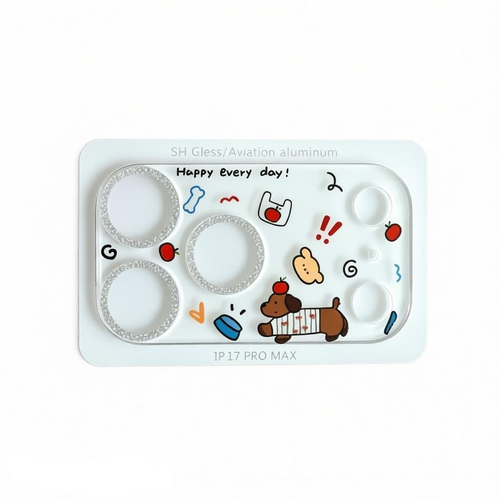 CasePoppi camera lens protector featuring a cute brown dog and "Happy Every Day" text.