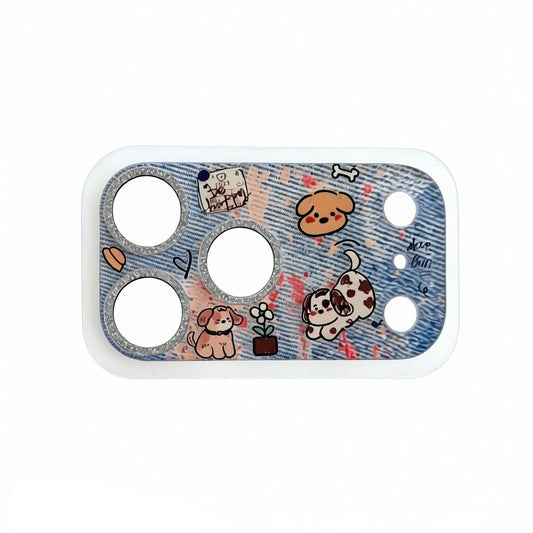 CasePoppi camera lens protector featuring a denim texture background with cute dog patches.