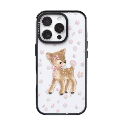 CasePoppi dreamy camera lens protector featuring a deer with a pink bow and cherry blossom accents.
