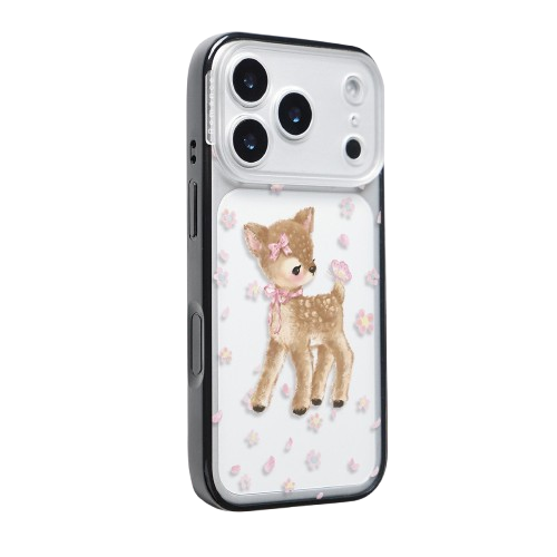 Side view of CasePoppi camera lens protector featuring the Fawn in Blossoms design on a clear base.