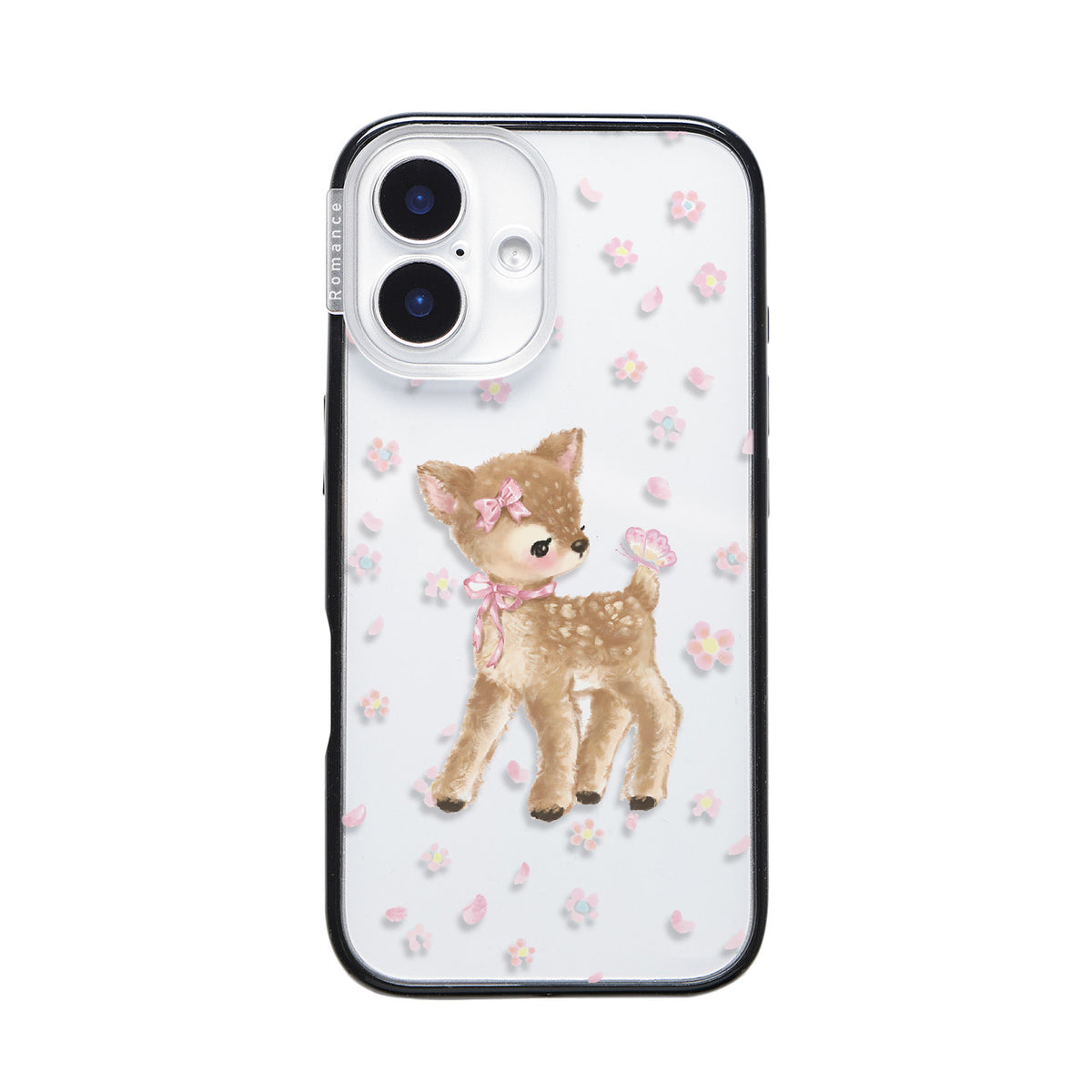 CasePoppi camera lens protector featuring a cute baby fawn with a pink bow surrounded by cherry blossoms.