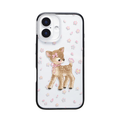 CasePoppi camera lens protector featuring a cute baby fawn with a pink bow surrounded by cherry blossoms.
