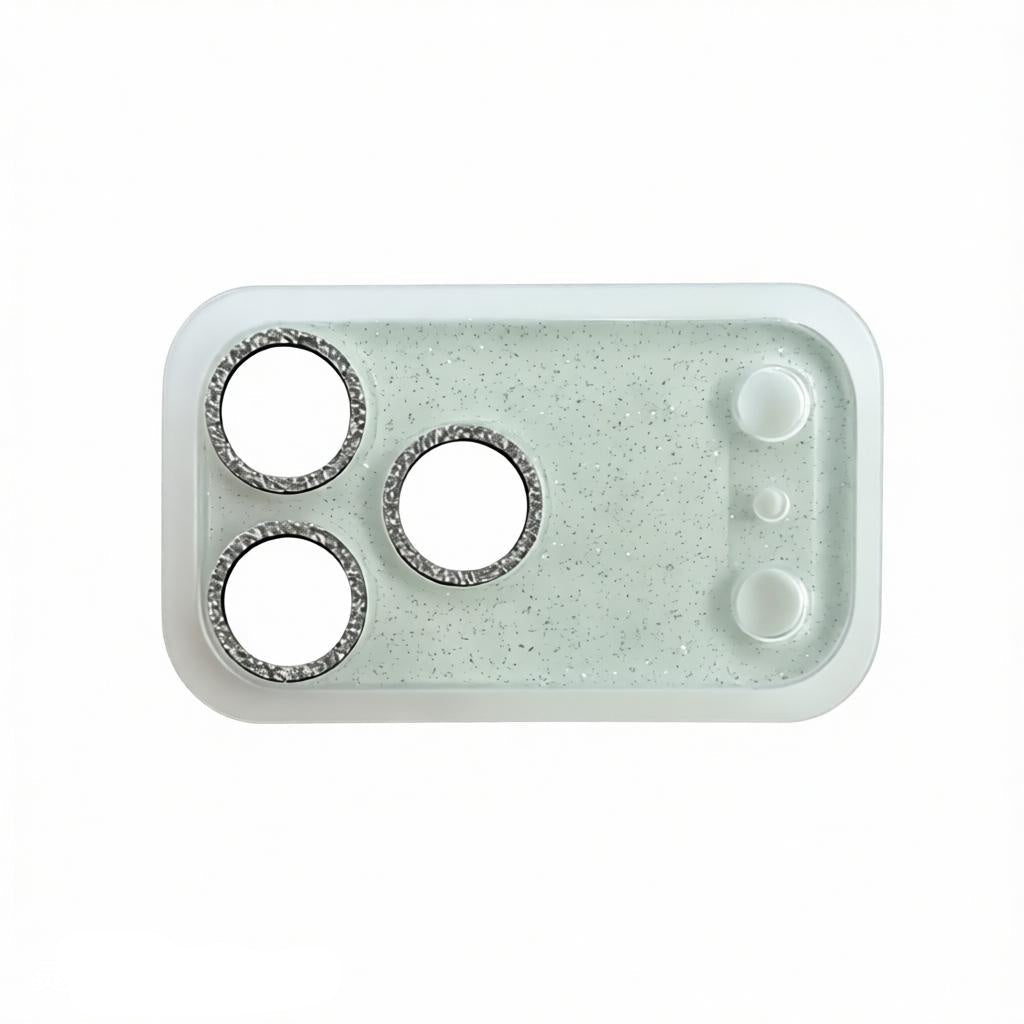 CasePoppi grey glitter camera lens protector with a shimmering textured finish.
