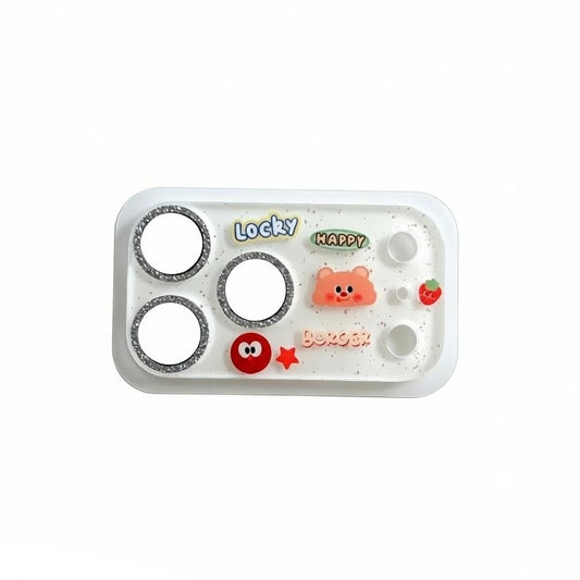 CasePoppi camera lens protector with vibrant orange monster and "Happy" text illustration.