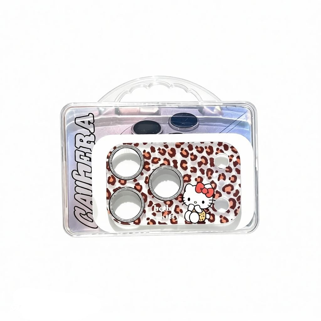 CasePoppi camera lens protector featuring a cute cat over a trendy leopard print pattern.