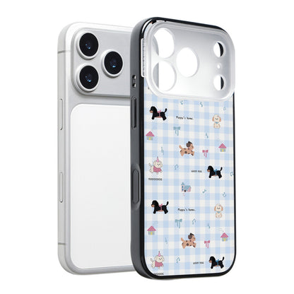 CasePoppi aesthetic camera lens protector featuring a puppy and blue gingham picnic elements.