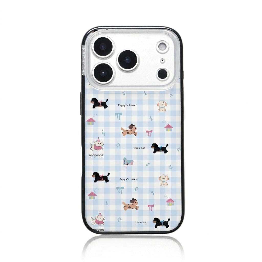 CasePoppi camera lens protector with cute puppy illustrations and red cherry picnic doodles.