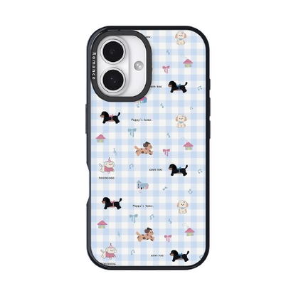 CasePoppi camera lens protector with a puppy surrounded by picnic flowers and gingham accents.