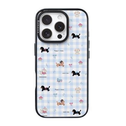 CasePoppi camera lens protector featuring a cute puppy on a red and white gingham picnic background.