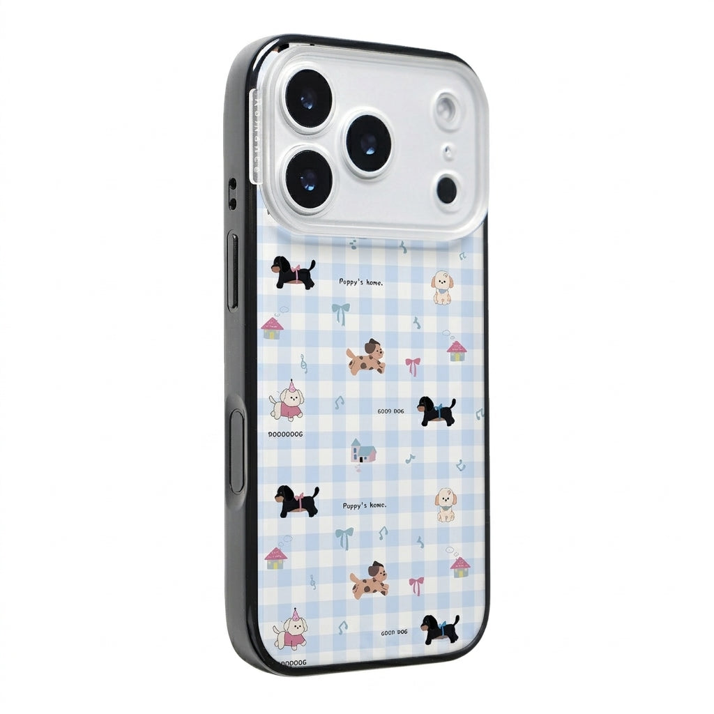 CasePoppi camera lens protector featuring a puppy illustration on a fresh green gingham background.