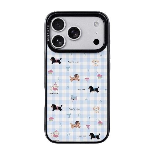 CasePoppi camera lens protector featuring a puppy on a sunny yellow gingham checkered pattern.