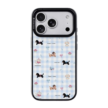 CasePoppi camera lens protector featuring a puppy on a sunny yellow gingham checkered pattern.