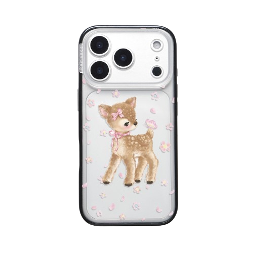 CasePoppi aesthetic camera lens protector with a sweet deer illustration and falling pink petals.
