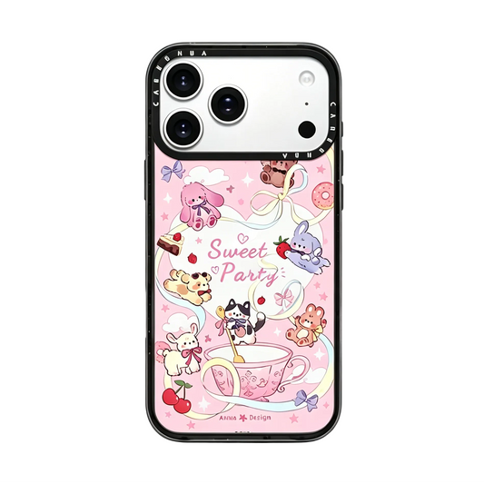 CasePoppi camera lens protector featuring an adorable bunny, a strawberry cake, and "Sweet Tea Party" text on a cream background.