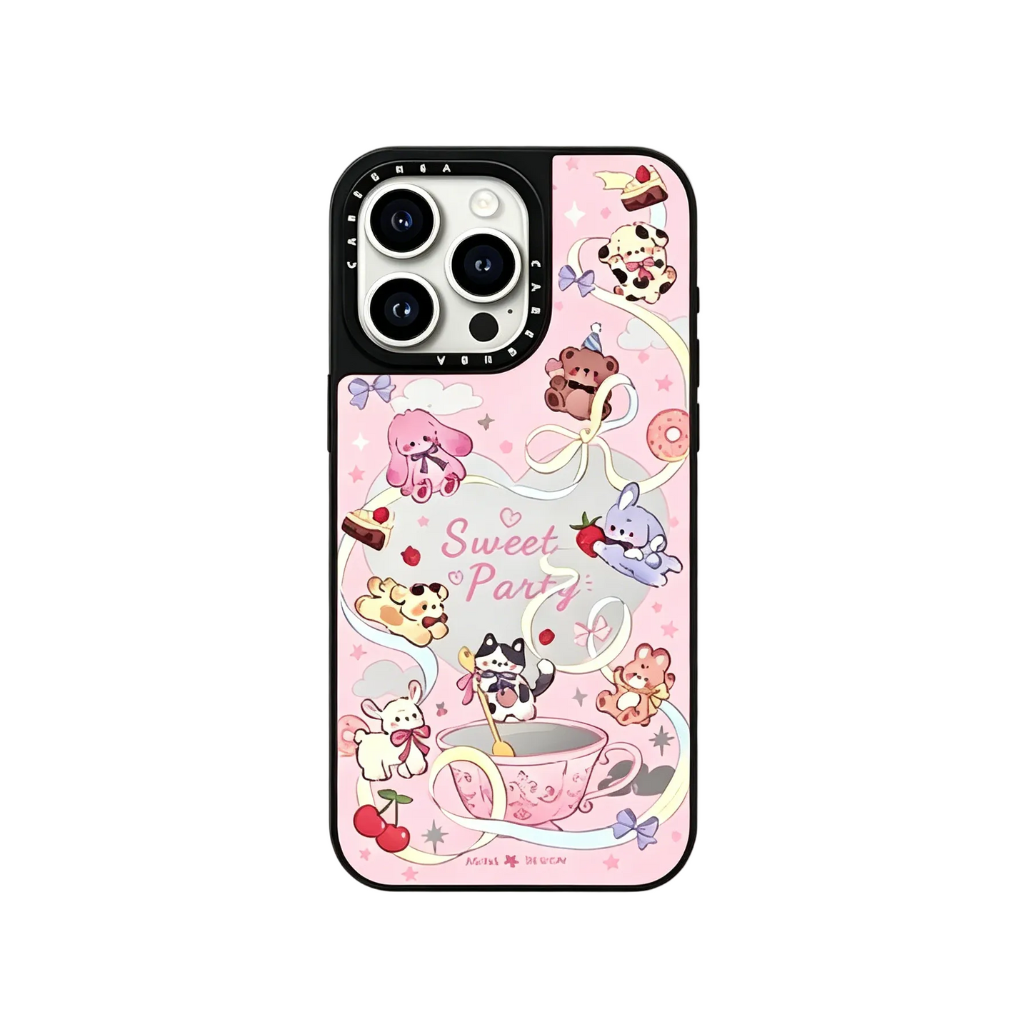 CasePoppi camera lens protector with a cute white cat illustration and various hand-drawn sweet treats.