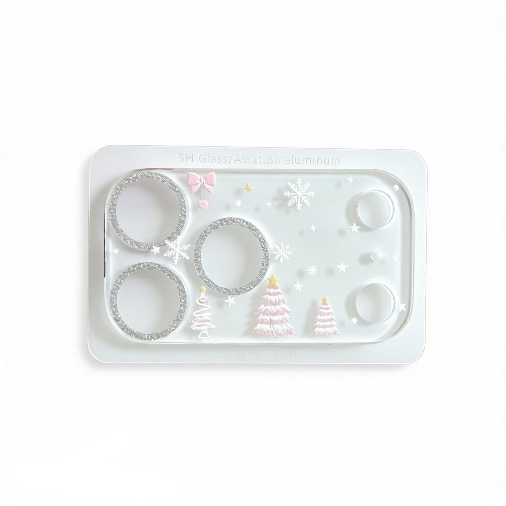 CasePoppi winter-themed camera lens protector with pink Christmas trees and snowflakes.