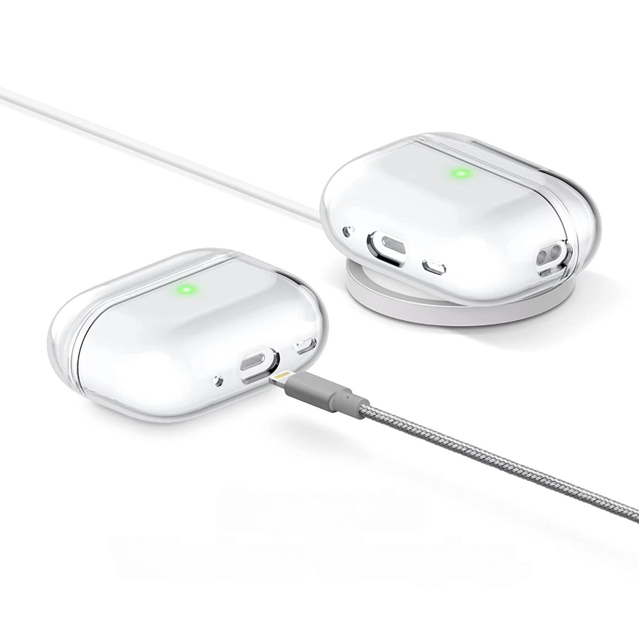 The Lucid Shell AirPods case demonstrating seamless wireless charging compatibility with a lightning cable plugged in.