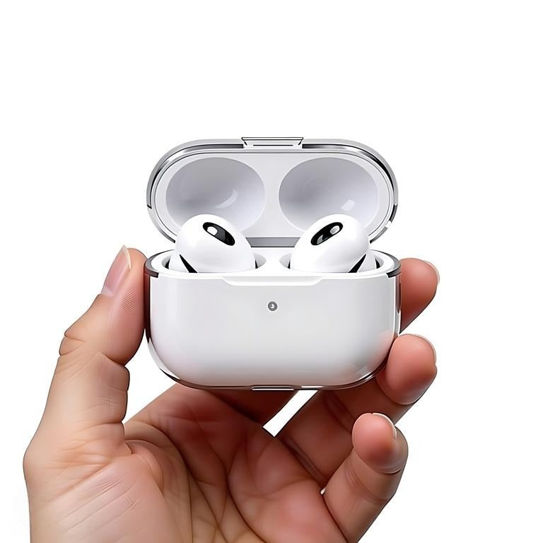 Hand holding The Lucid Shell in Crystal Clear, showing the lightweight design and easy-open lid of the AirPods Pro cover.