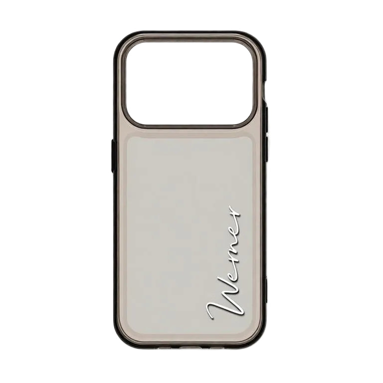 CasePoppi minimalist clear phone case with a sleek black border and custom vertical cursive name.