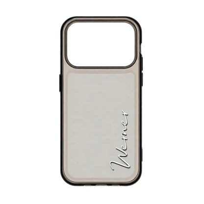 CasePoppi minimalist clear phone case with a sleek black border and custom vertical cursive name.