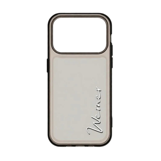 CasePoppi minimalist clear phone case with a sleek black border and custom vertical cursive name.