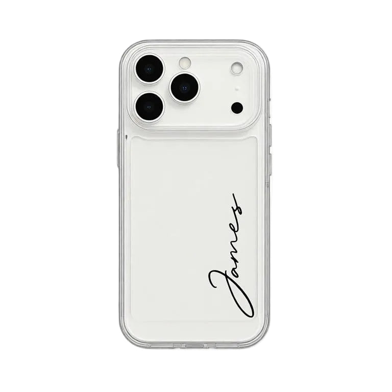 Clean white border clear phone case by CasePoppi featuring custom name personalization in black script.