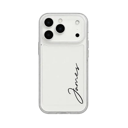 Clean white border clear phone case by CasePoppi featuring custom name personalization in black script.