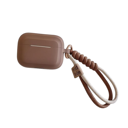 CasePoppi The Caramel Smile Bracelet Case in Deep Coffee, featuring a matte silicone AirPods cover with a premium hand-woven brown lanyard.