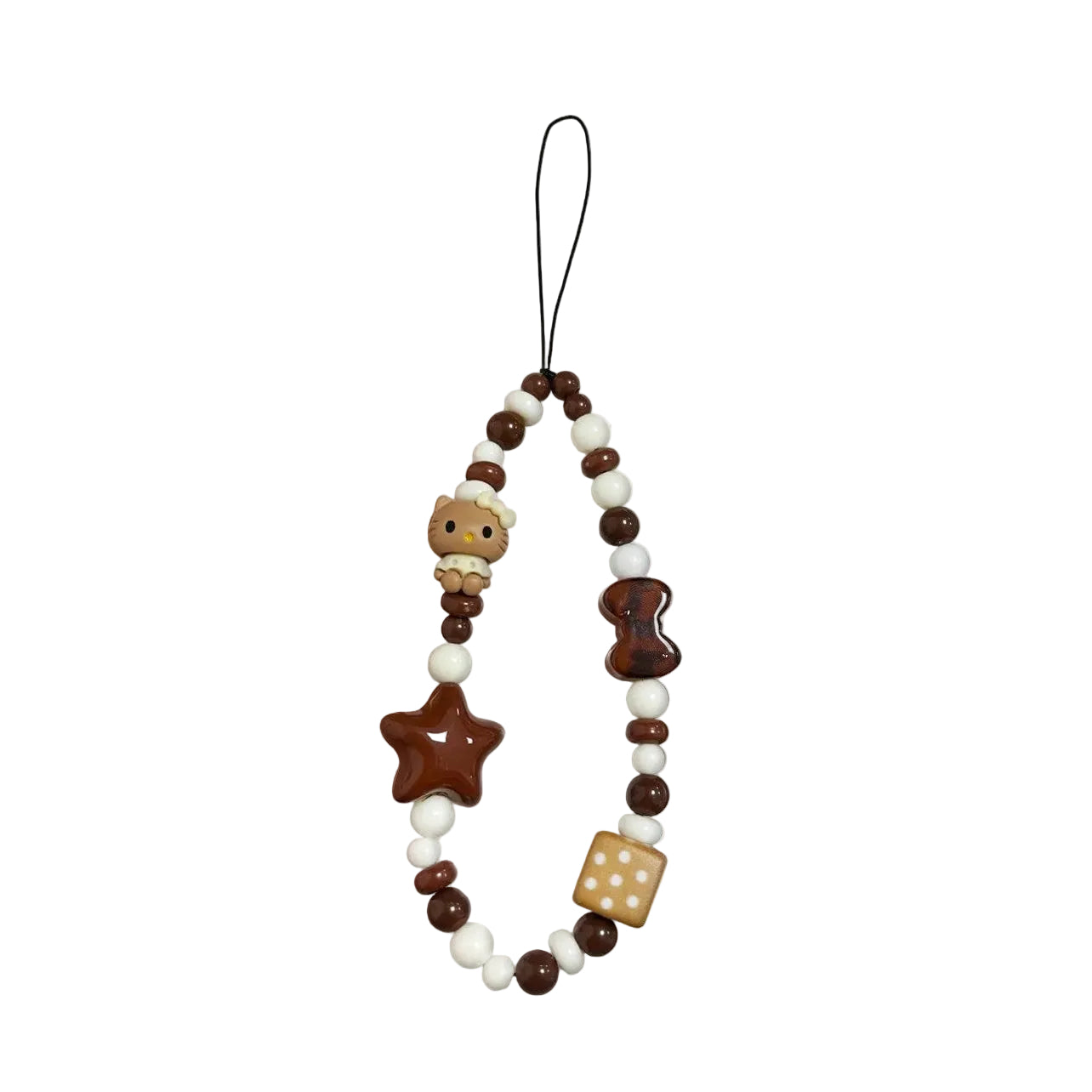CasePoppi handcrafted beaded phone strap featuring a cute brown kitten, chocolate star, and polka dot cube charms in a warm coffee-toned aesthetic.