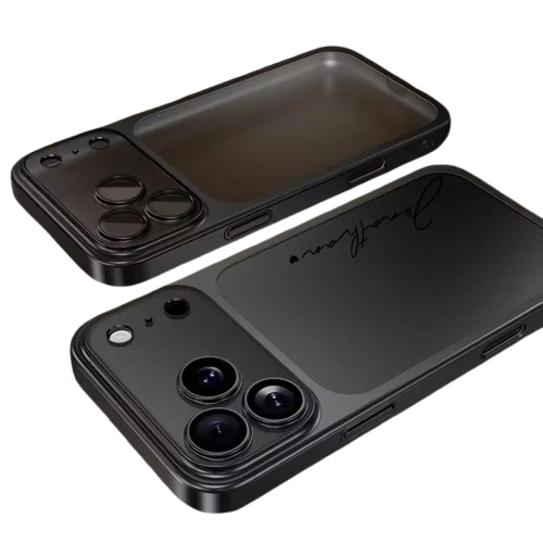 Personalized black metallic frame phone case from CasePoppi with elegant custom name detailing.