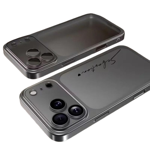 CasePoppi custom personalized grey metallic phone case with a signature name in elegant script.