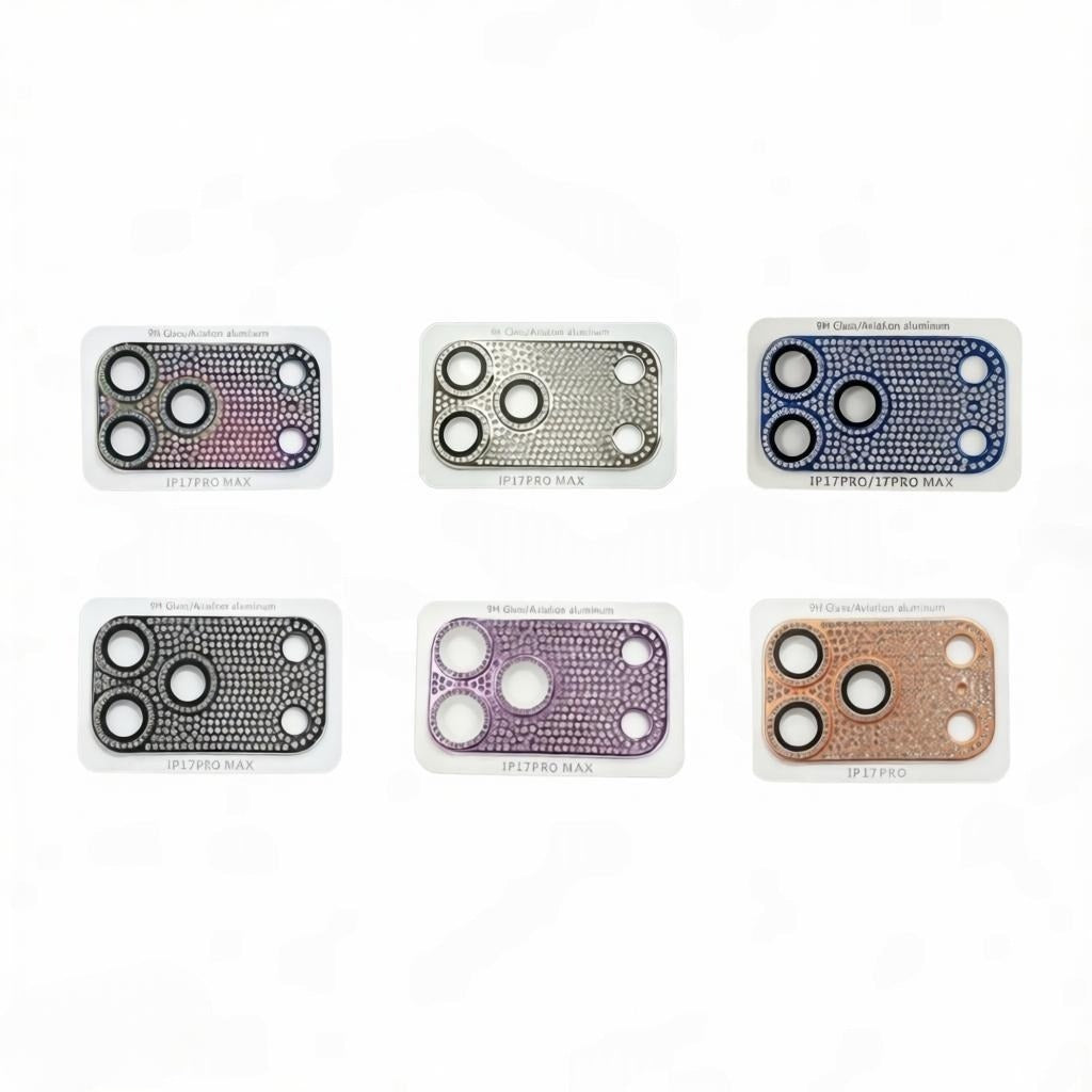 A collection of CasePoppi diamond-encrusted camera lens protectors in colorful, silver, blue, black, purple, and gold finishes.