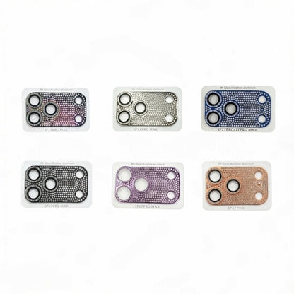 A collection of CasePoppi diamond-encrusted camera lens protectors in colorful, silver, blue, black, purple, and gold finishes.