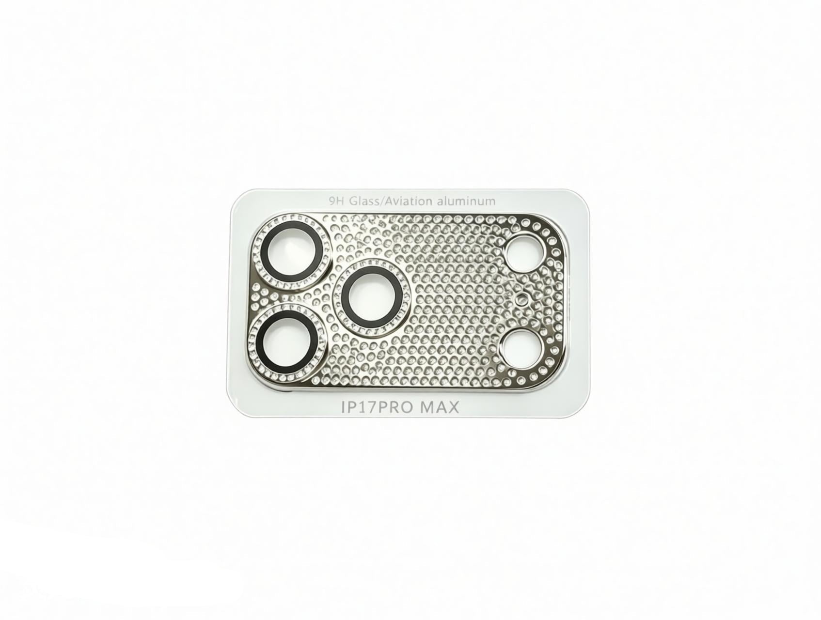 CasePoppi sparkling diamond-encrusted camera lens protector in classic silver finish.