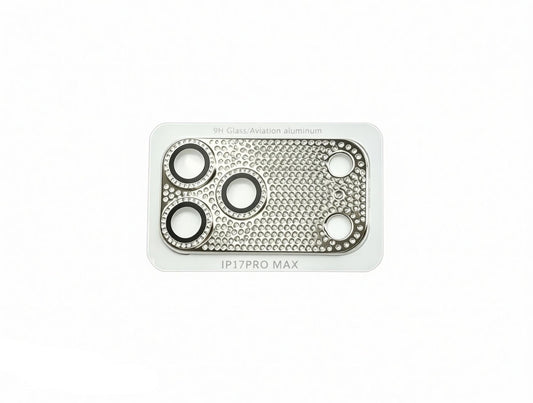 CasePoppi sparkling diamond-encrusted camera lens protector in classic silver finish.