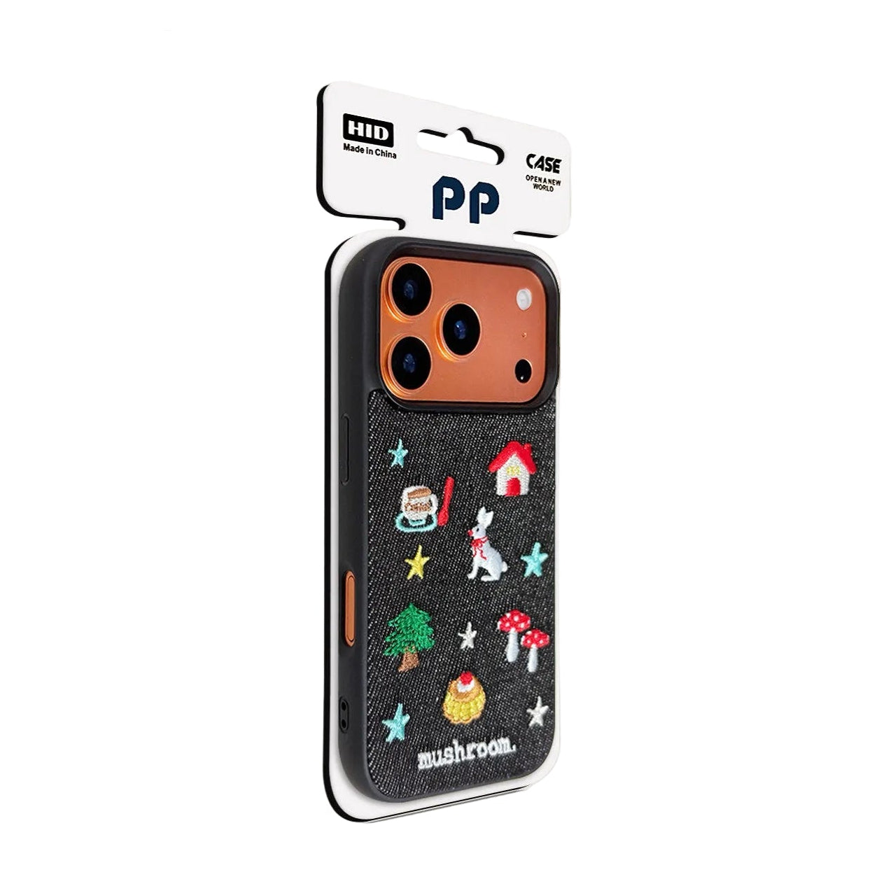 Forest Story embroidered denim phone case with mushroom and rabbit icons for iPhone 18 - CasePoppi