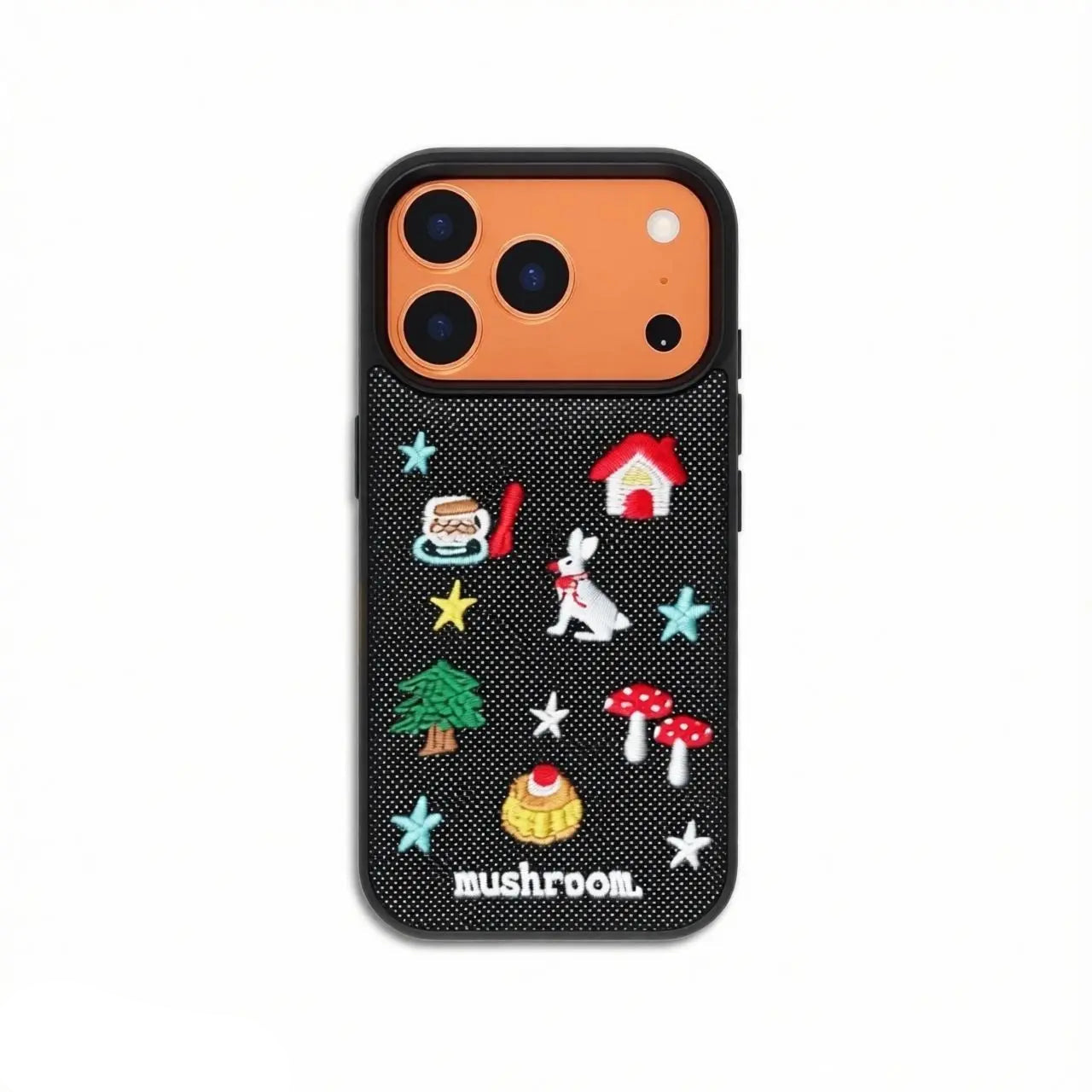 CasePoppi Forest Story phone case with a black denim texture featuring embroidered bunny and forest motifs.
