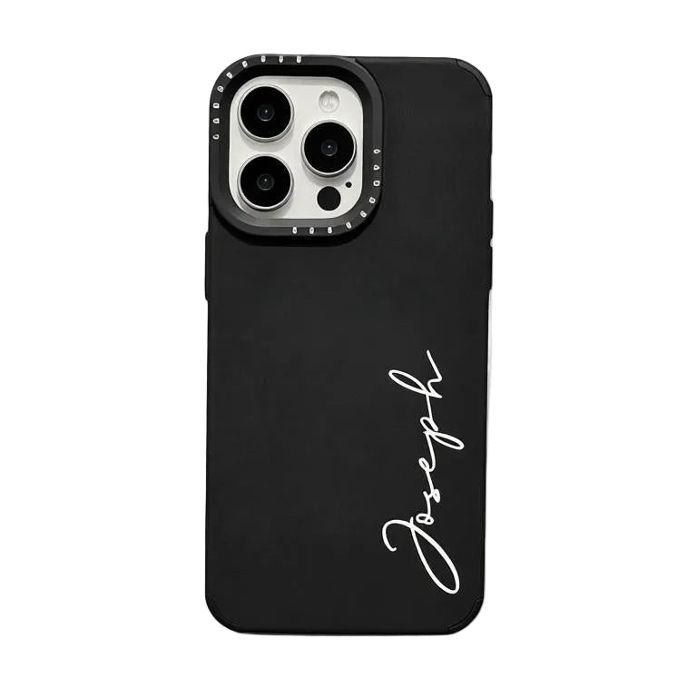 Sophisticated black leather-feel phone case by CasePoppi with vertical personalized signature engraving.