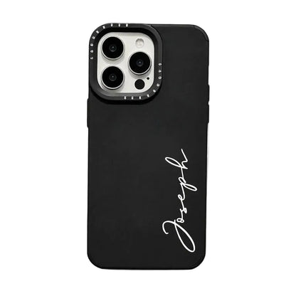 Sophisticated black leather-feel phone case by CasePoppi with vertical personalized signature engraving.