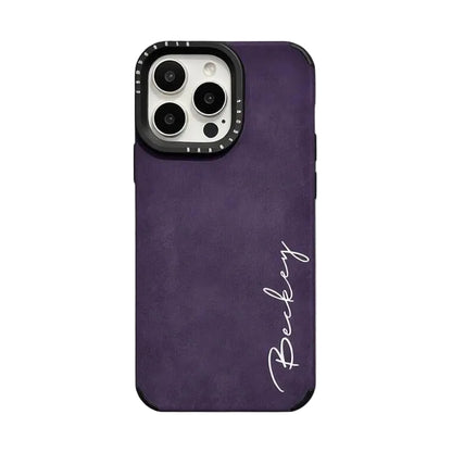 CasePoppi deep purple frosted leather protective cover with customizable elegant script name.