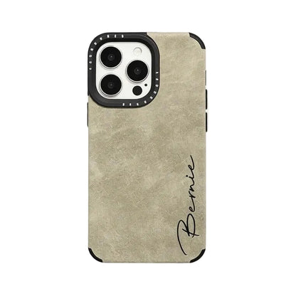 CasePoppi khaki beige textured leather phone case with a personalized vertical cursive name.