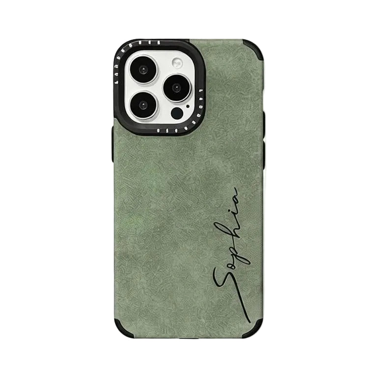 Aesthetic sage green leather texture phone case from CasePoppi featuring personalized vertical text.