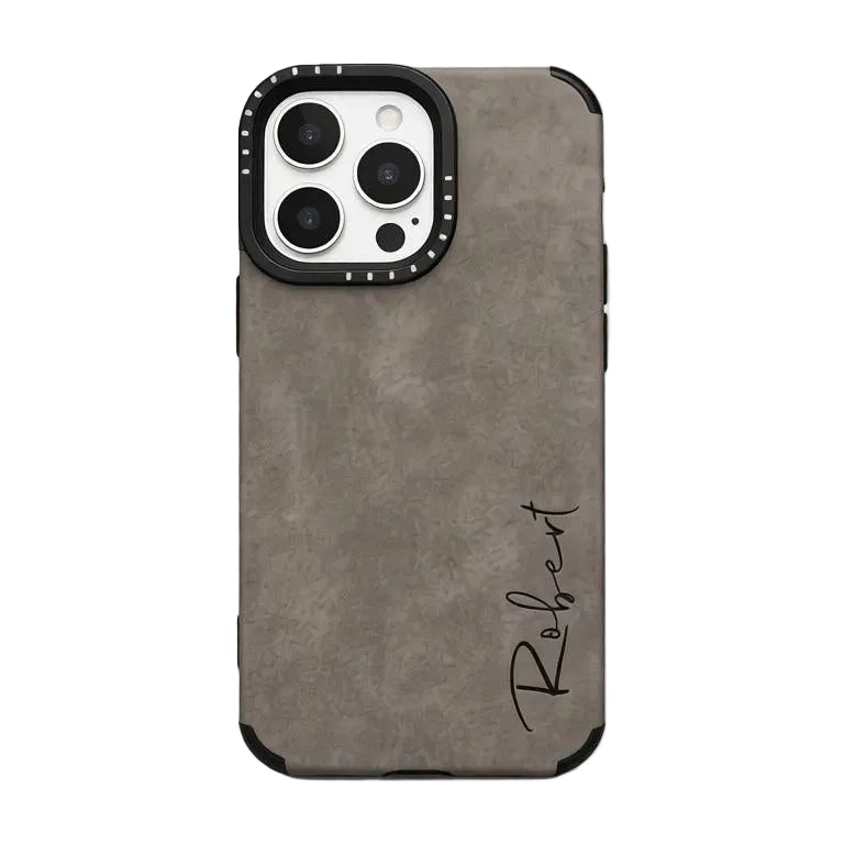 Minimalist taupe grey frosted leather phone case featuring a custom name in a stylish vertical font.