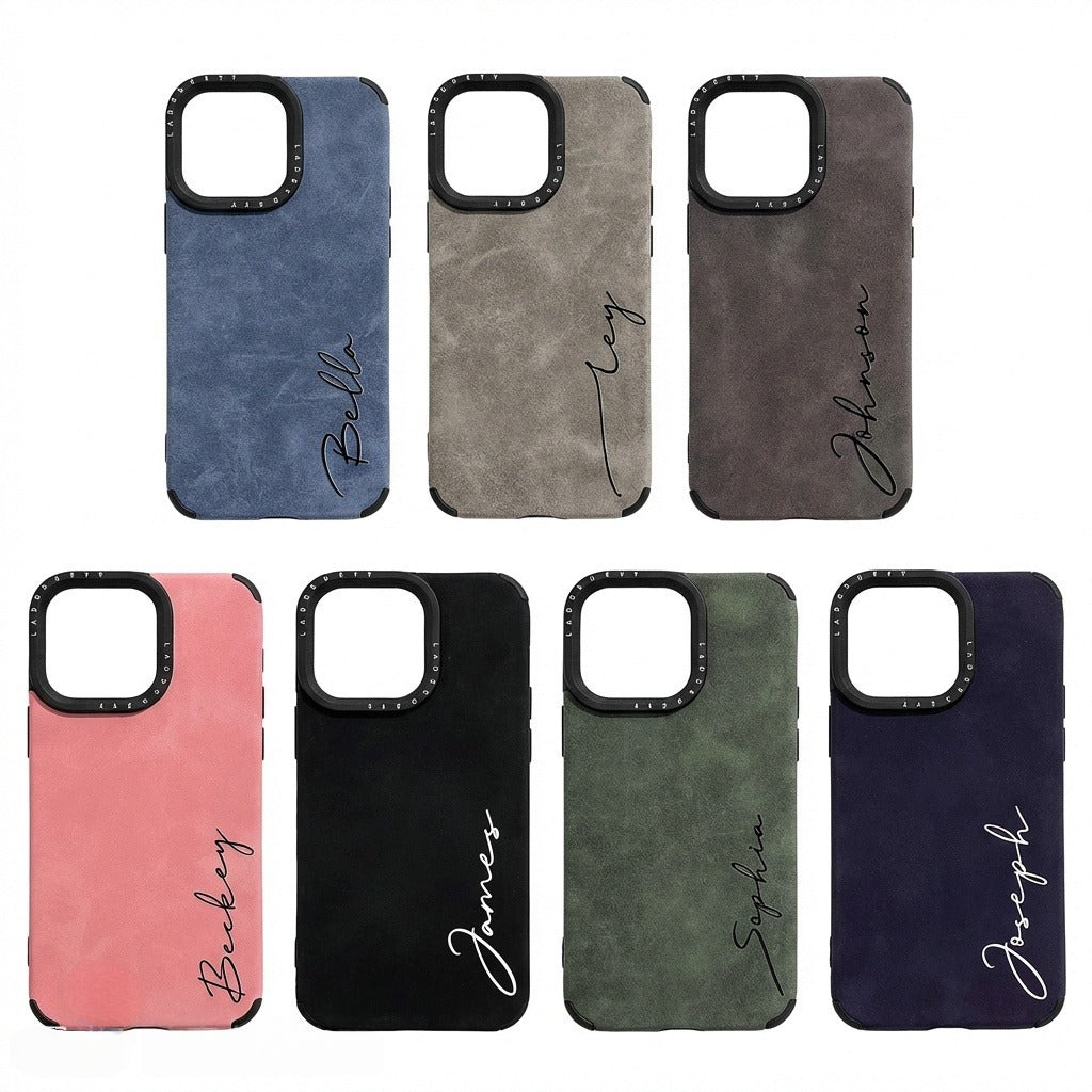 A collection of CasePoppi frosted leather custom phone cases in various colors including blue, grey, and pink.