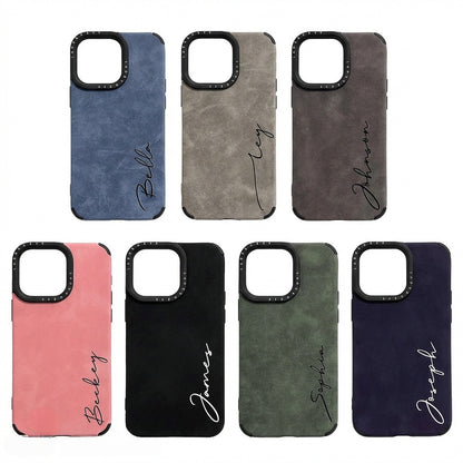 A collection of CasePoppi frosted leather custom phone cases in various colors including blue, grey, and pink.