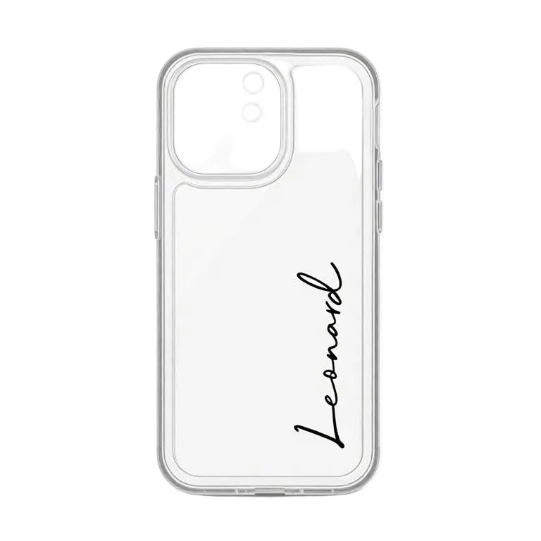 Fully transparent CasePoppi phone case with a custom vertical cursive name for a minimalist aesthetic.