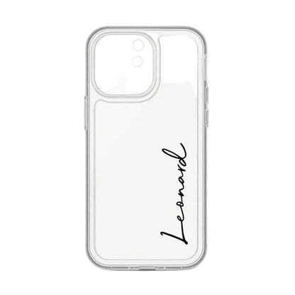 Fully transparent CasePoppi phone case with a custom vertical cursive name for a minimalist aesthetic.