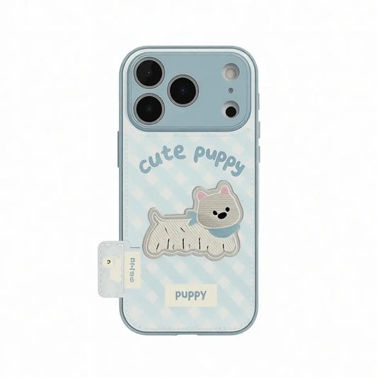 CasePoppi aesthetic blue phone case featuring a "cute puppy" character on a soft gingham checkered background.