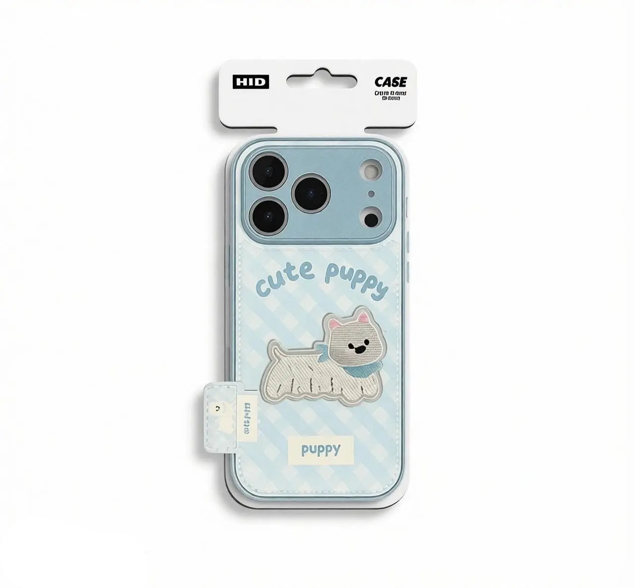 Retail-ready CasePoppi Gingham Bestie phone case showcased in its elegant hanging packaging.