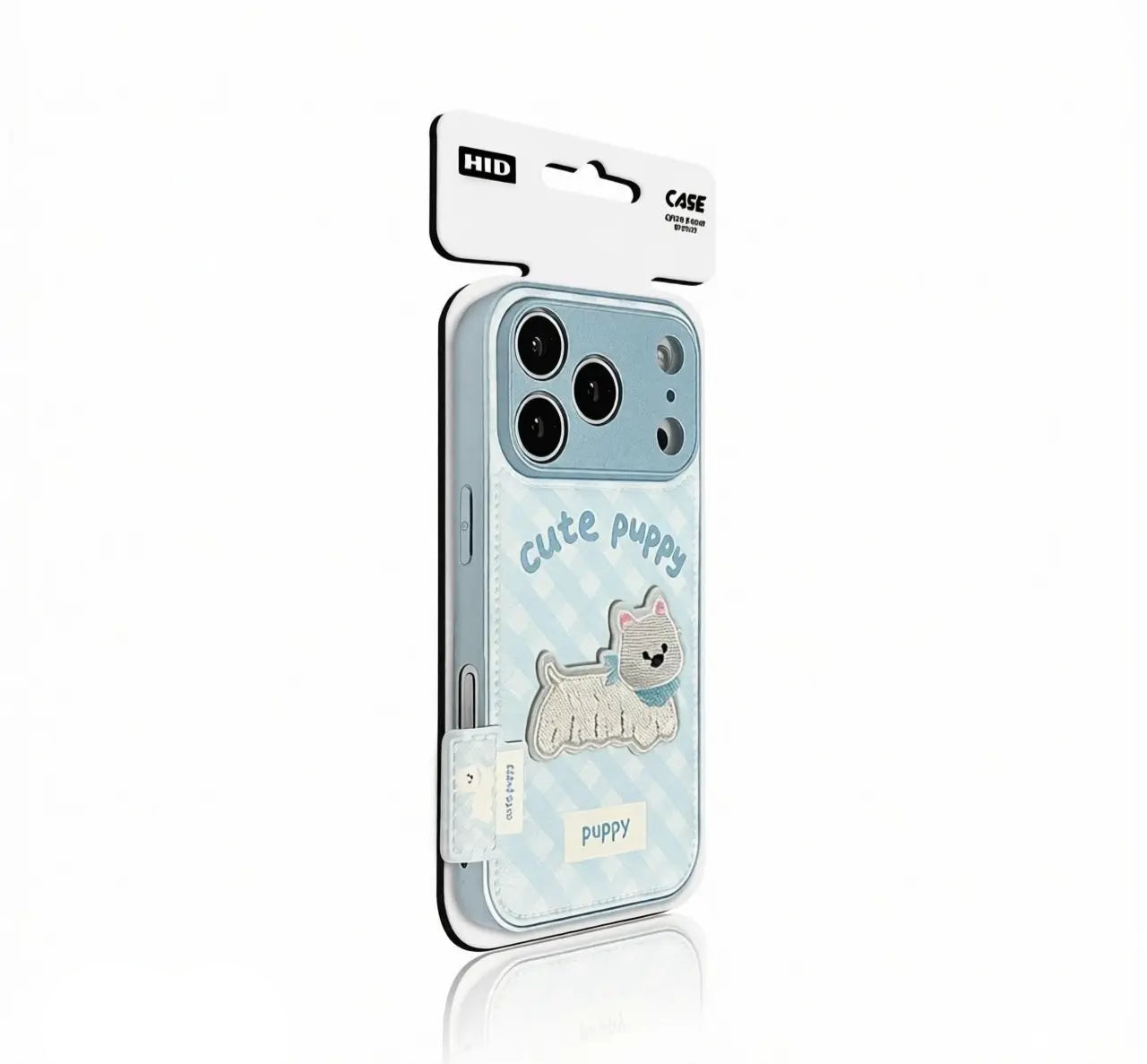 Adorable white puppy embroidered patch on a light blue gingham aesthetic phone case.